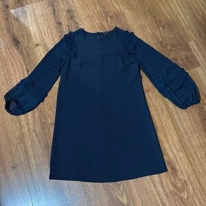 Ann Taylor Women 10 Chiffon Polka Dot Sleeve Shift Dress Navy Blue Keyhole Back